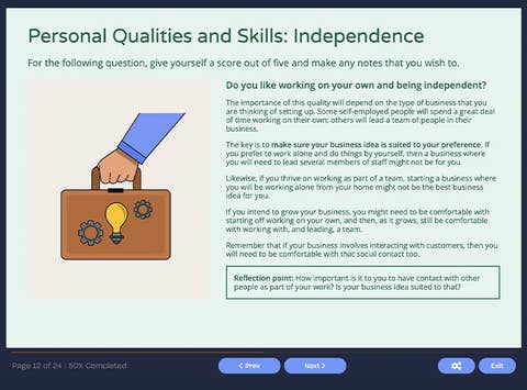 Course screenshot showing personal qualities and skills: independence
