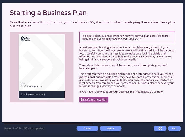 Course screenshot showing starting a business plan