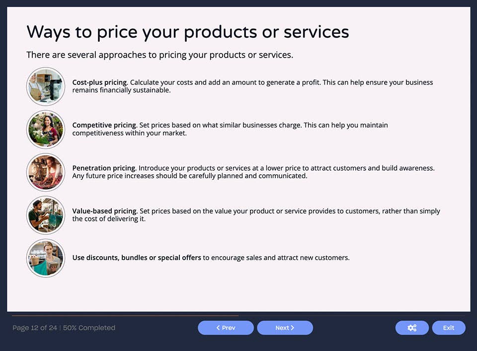Course screenshot showing ways to price your products or services
