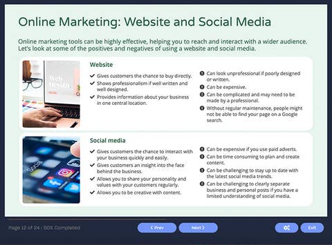 Course screenshot showing online marketing: website and social media