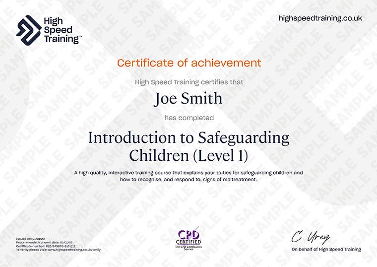 Sample Introduction to Safeguarding Children (Level 1) Certificate