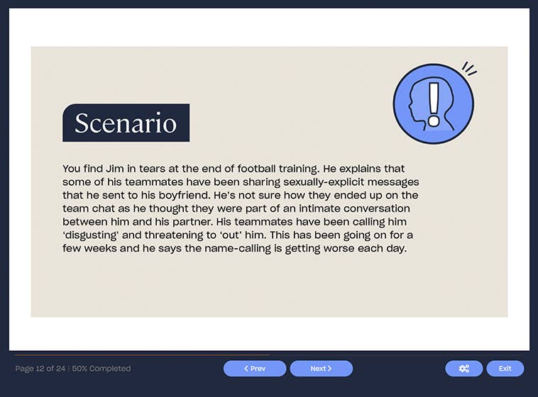 Course screenshot showing scenarios