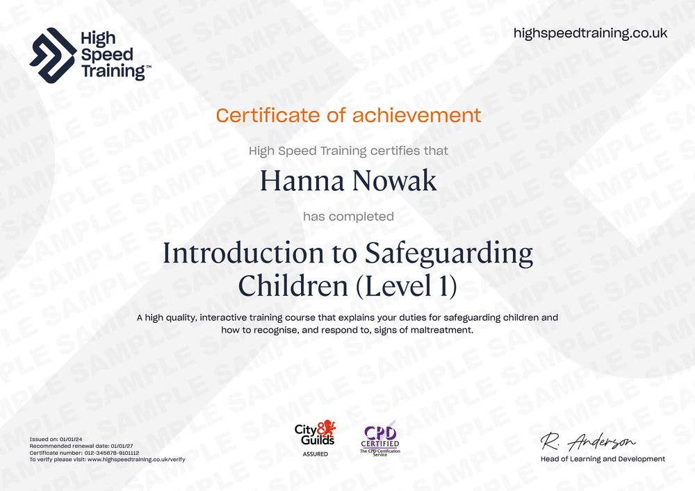 Sample Introduction to Safeguarding Children (Level 1) Certificate