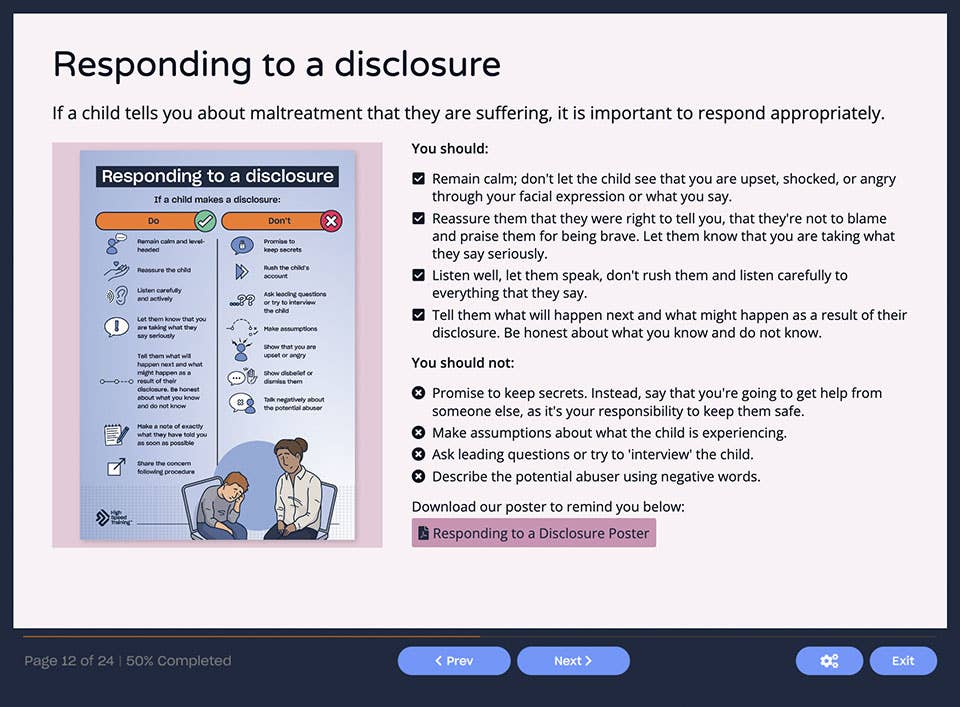 Course screenshot showing how to respond to a disclosure