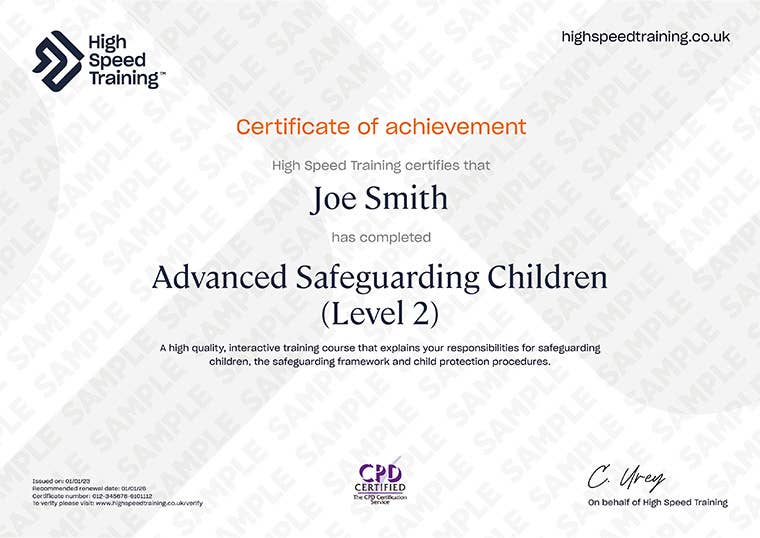 Sample Advanced Safeguarding Children (Level 2) Certificate