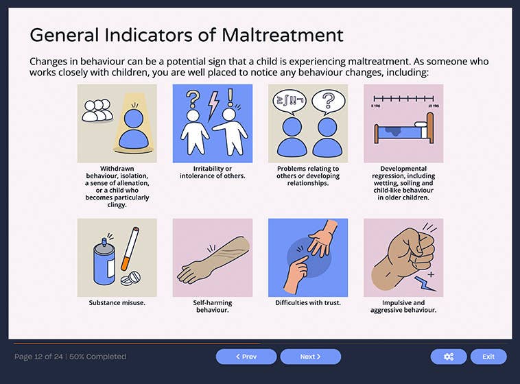 Course screenshot showing the general indicators of maltreatment