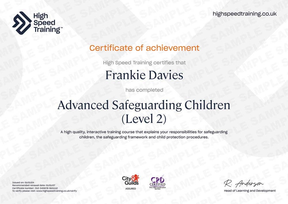 Sample Advanced Safeguarding Children (Level 2) Certificate