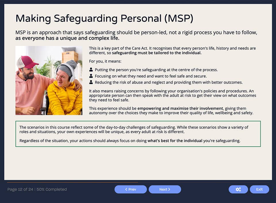 Course screenshot about making safeguarding personal (MSP)