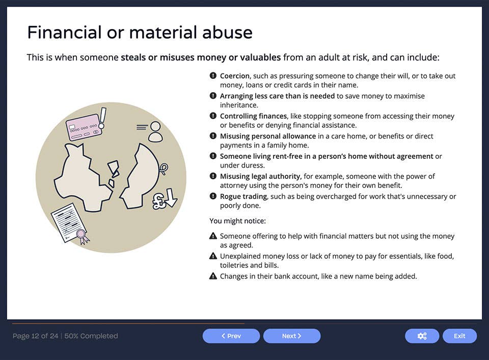 Course screenshot describing financial or material abuse