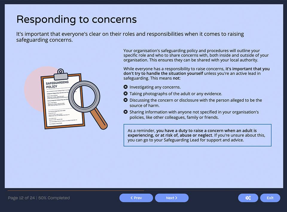 Course screenshot explaining how to respond to concerns