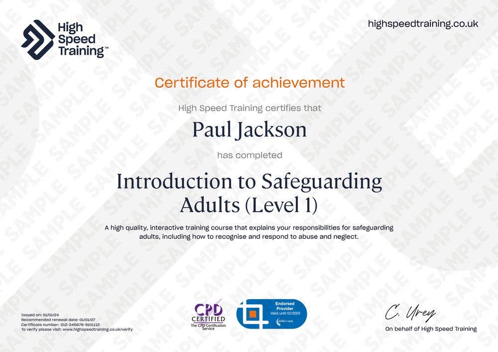 Sample Introduction to Safeguarding Adults (Level 1) Certificate