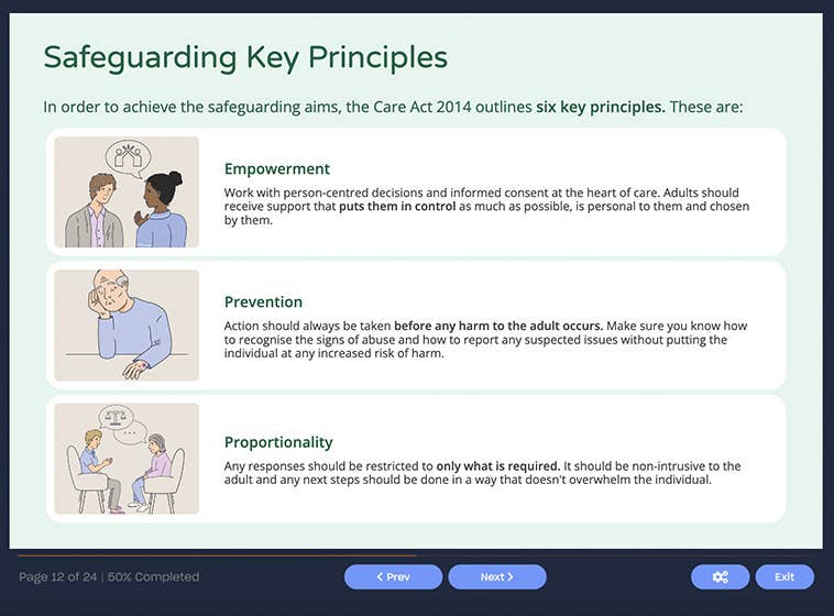 Course screenshot showing safeguarding key principles