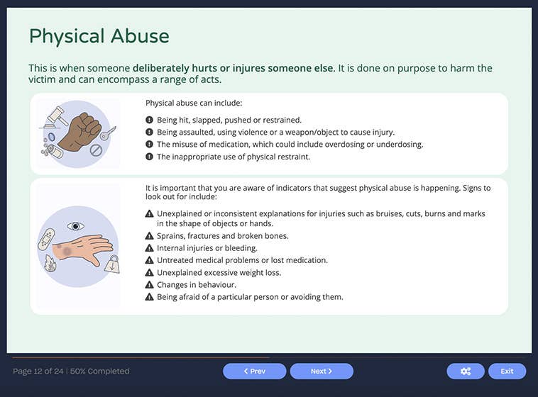 Course screenshot showing physical abuse