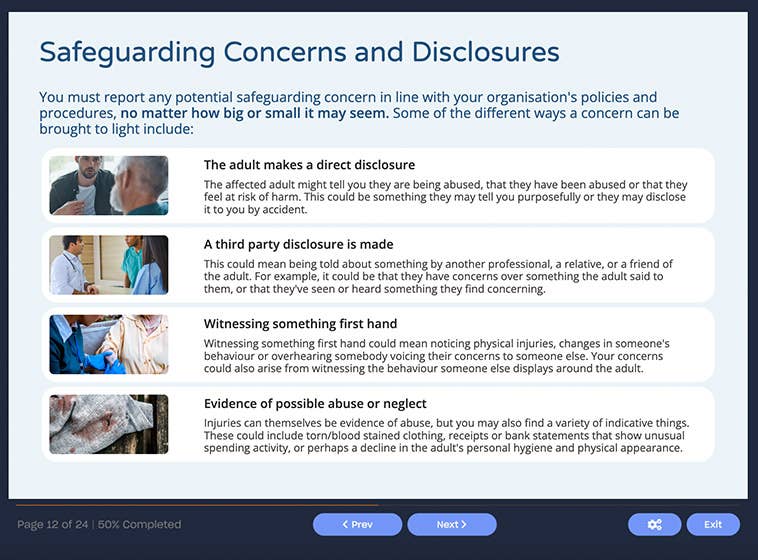 Course screenshot showing safeguarding concerns and disclosures
