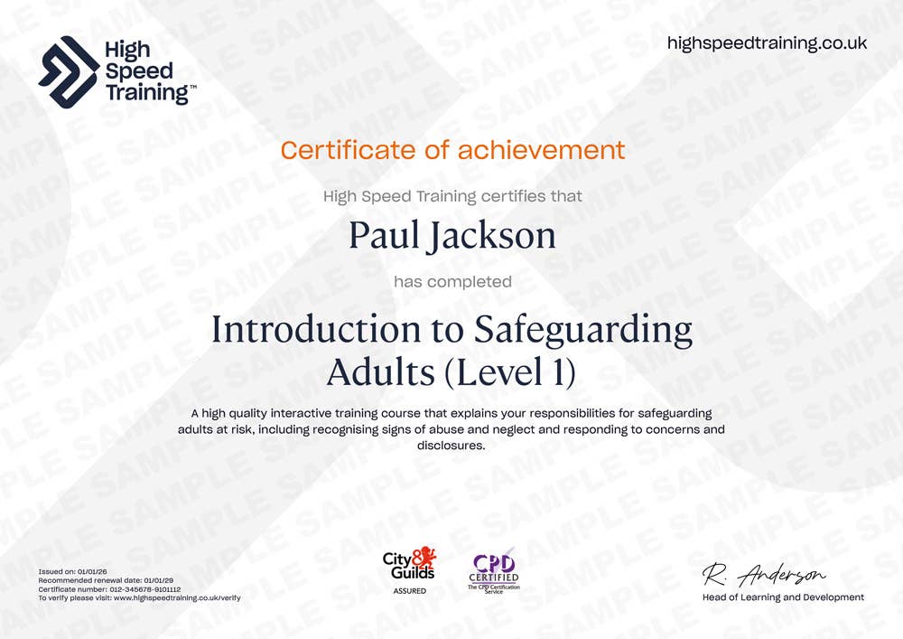 Sample Introduction to Safeguarding Adults (Level 1) certificate