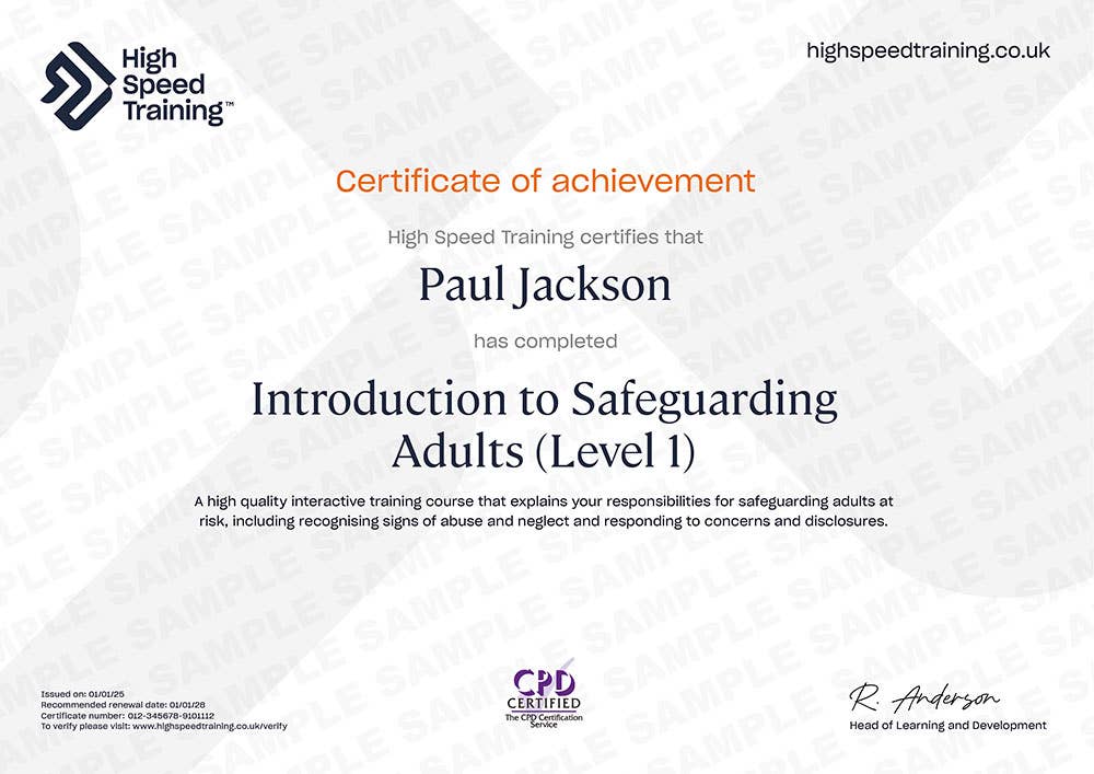 Sample Introduction to Safeguarding Adults (Level 1) certificate