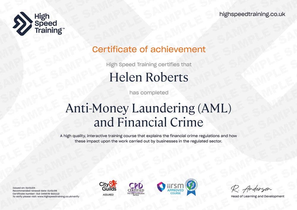 Sample Anti-Money Laundering (AML) and Financial Crime certificate