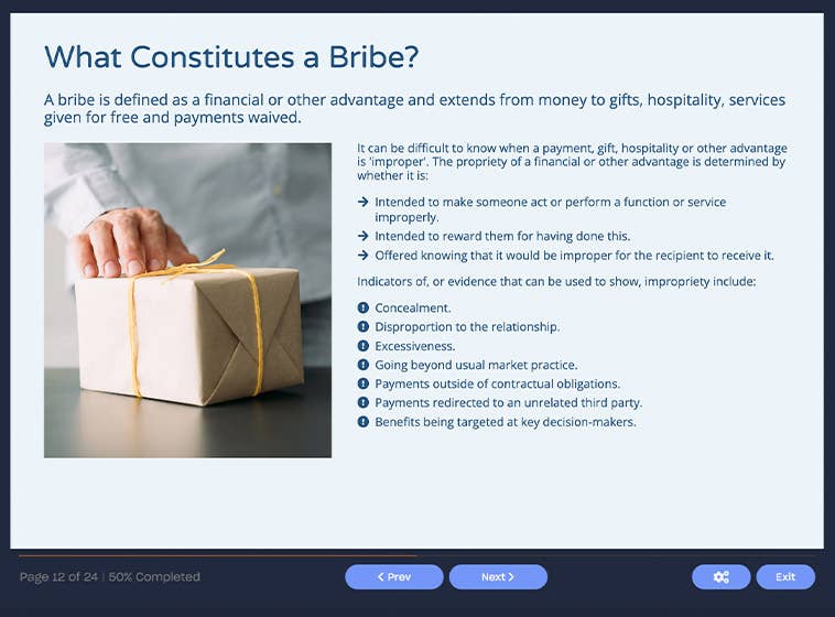 Course screenshot showing what constitutes a bribe