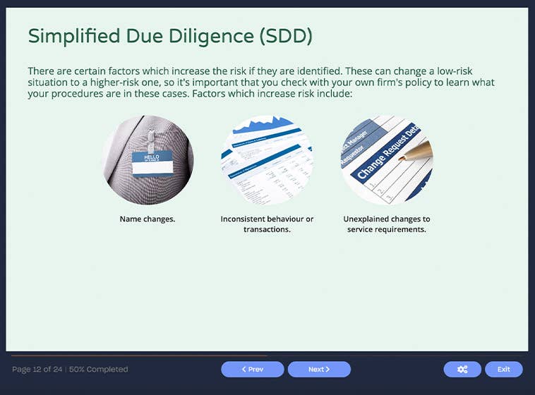 Course screenshot showing simplified due diligence