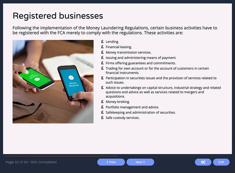 Course screenshot showing registered businesses