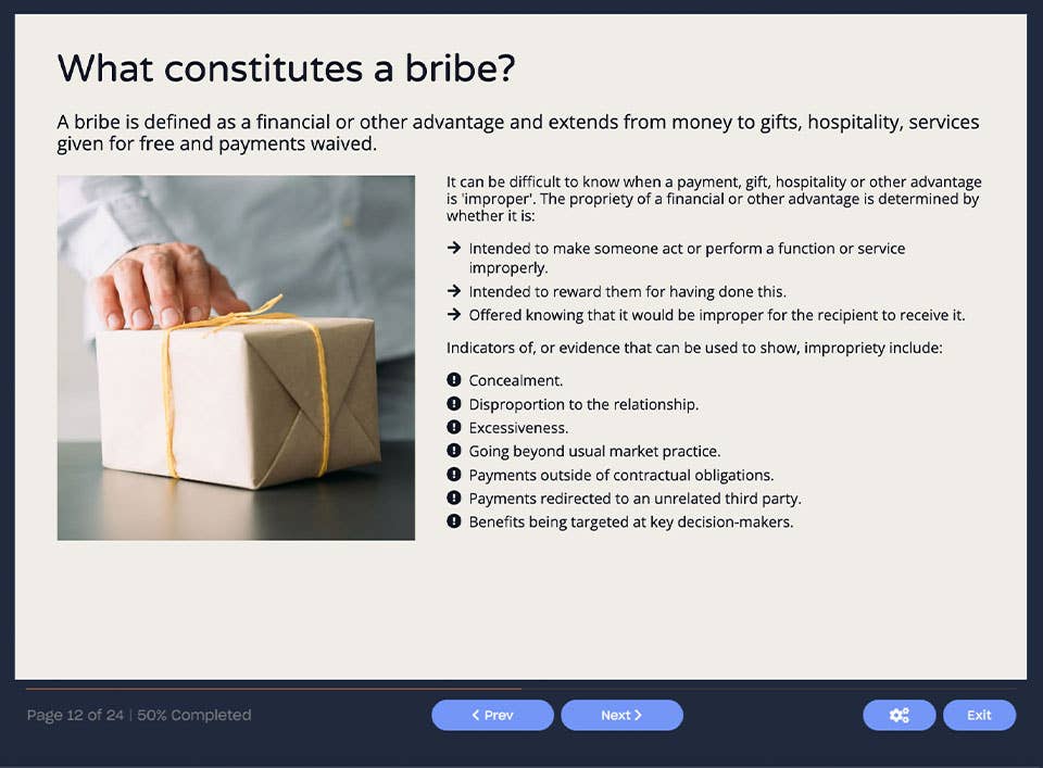 Course screenshot showing what constitutes a bribe