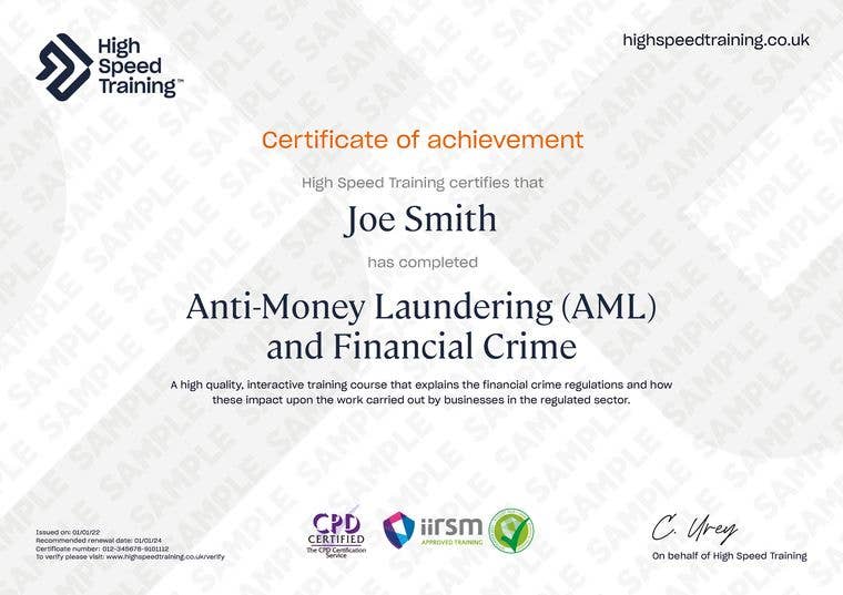 Sample Anti-Money Laundering (AML) and Financial Crime certificate