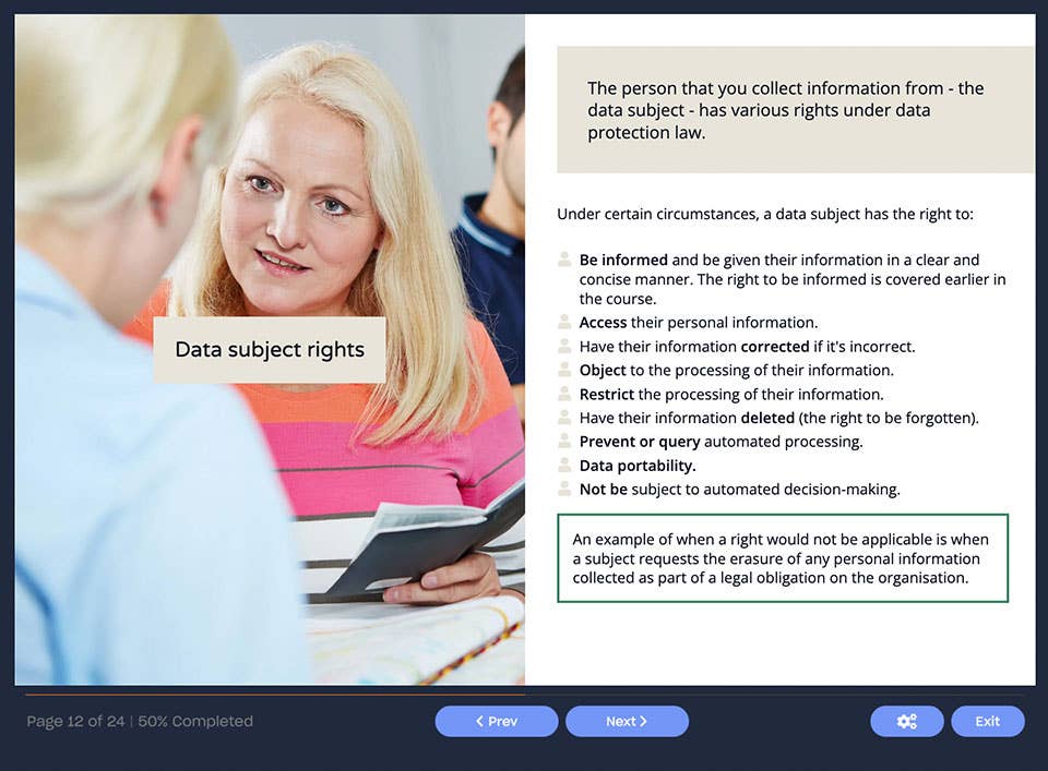 Course screenshot showing data subject rights