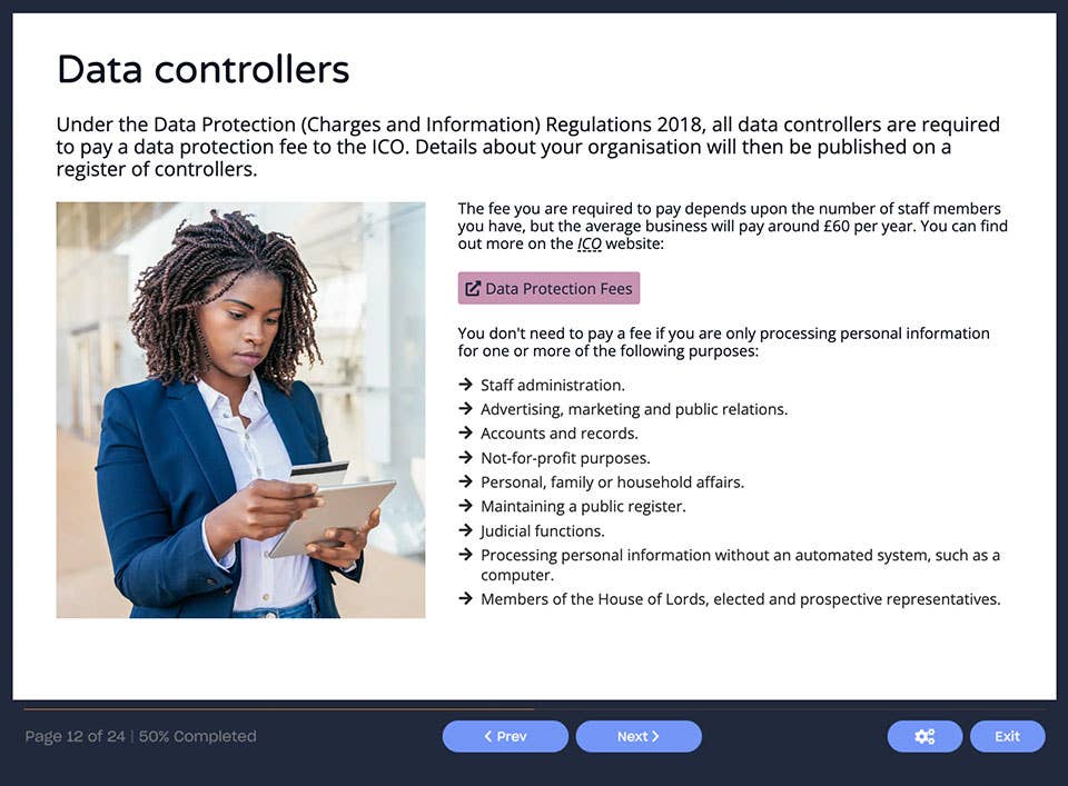 Course screenshot showing data controllers