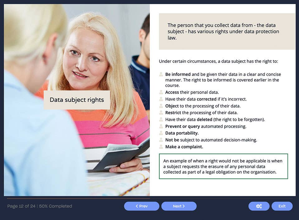 Course screenshot showing data subject rights