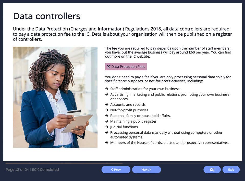 Course screenshot showing data controllers