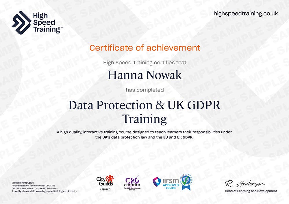 Sample Data Protection & UK GDPR Training Certificate