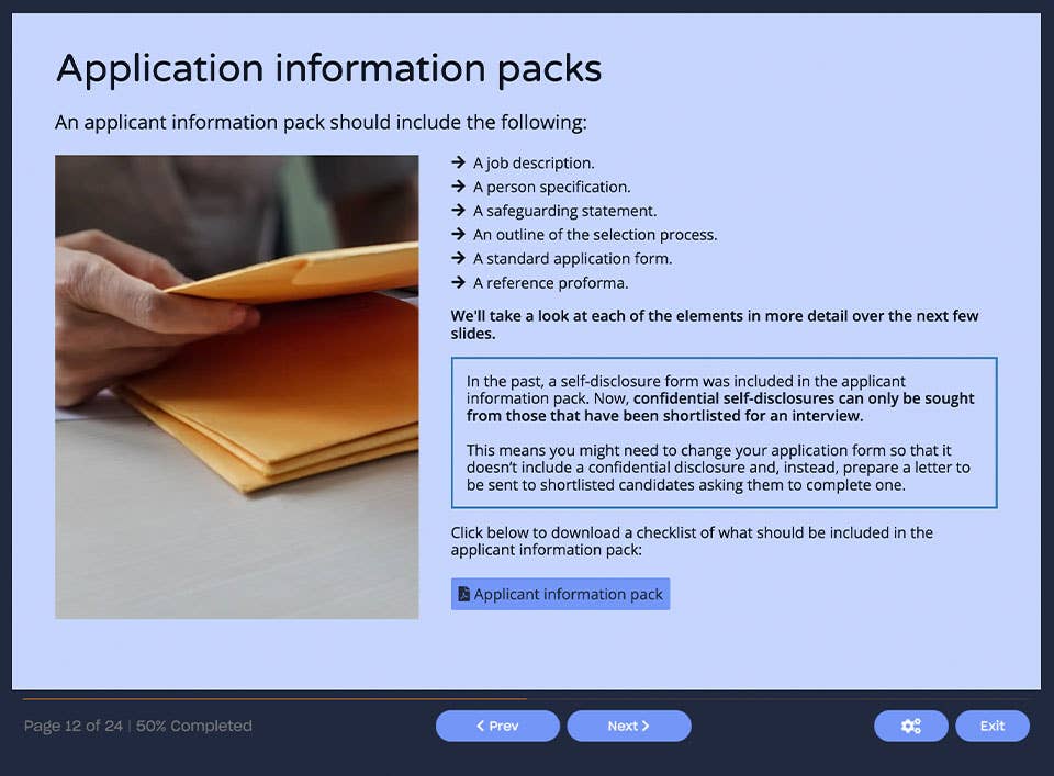 Course screenshot showing application information packs
