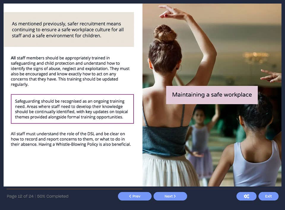 Course screenshot showing maintaining a safe workplace