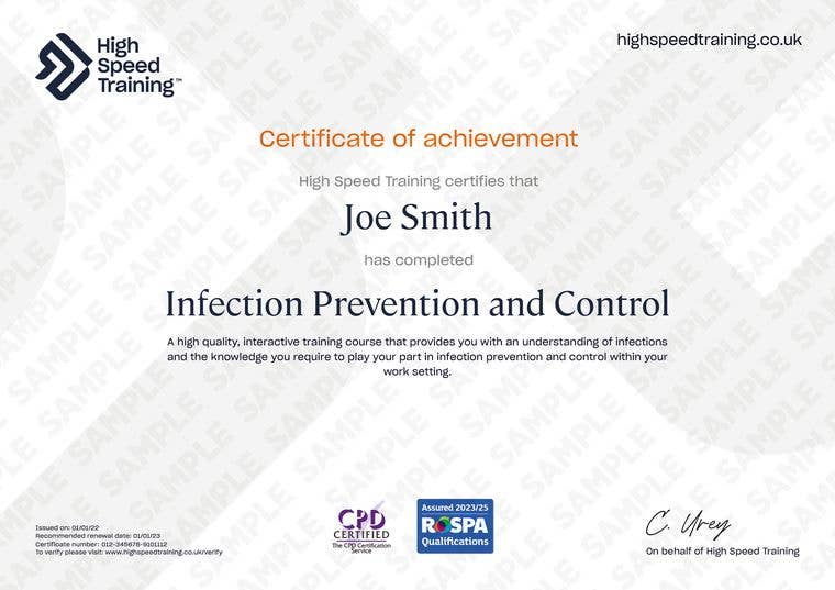 Sample Infection Prevention and Control certificate