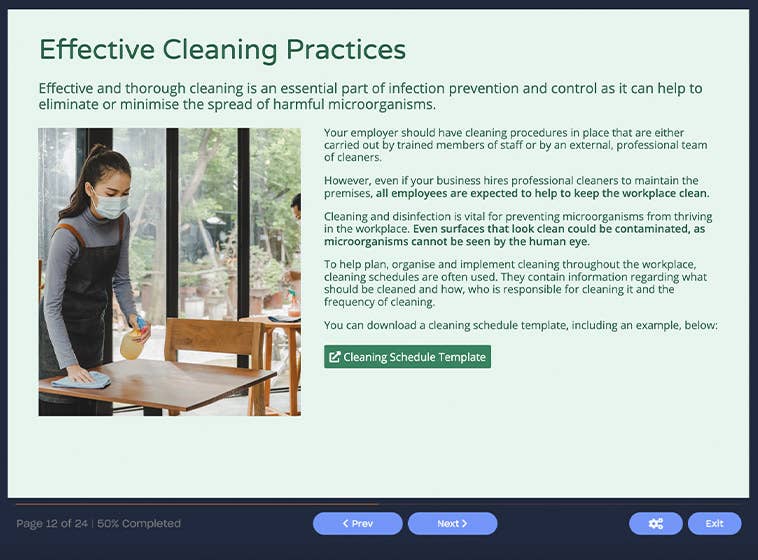 Course screenshot showing effective cleaning practices