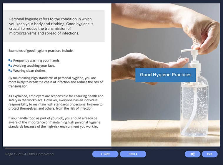 Course screenshot showing good hygiene practices