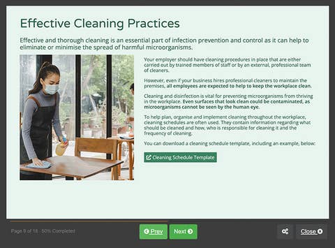 Course screenshot showing effective cleaning practices