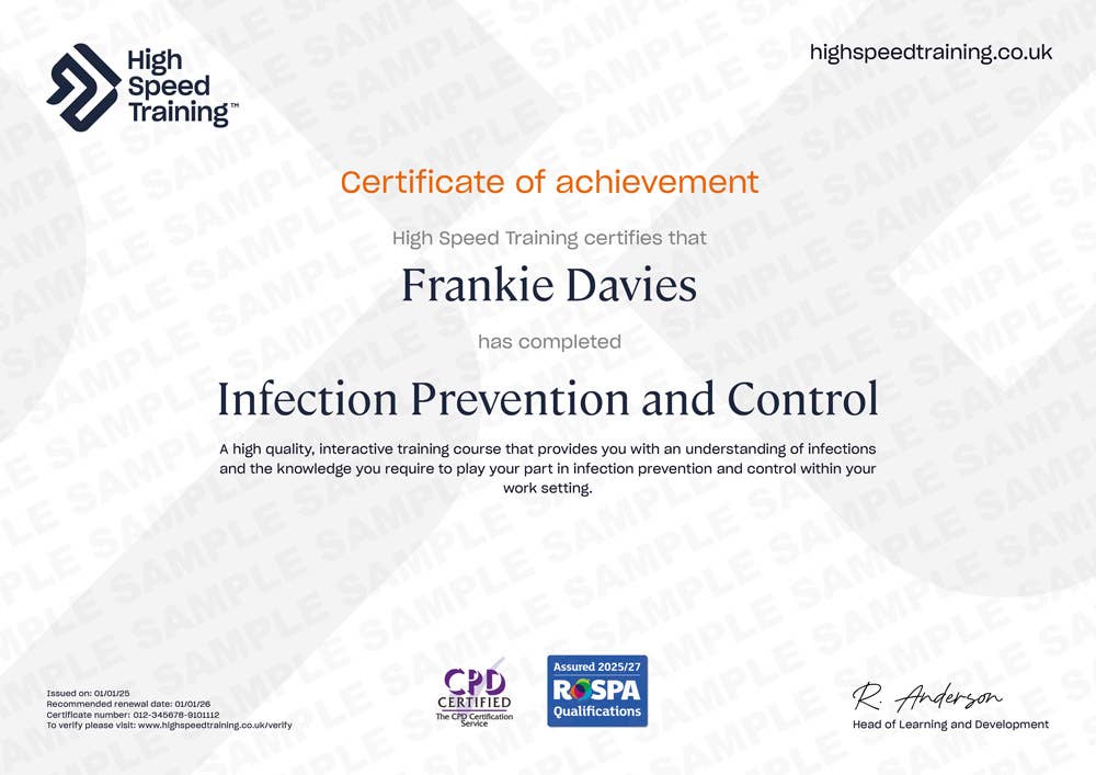 Sample Infection Prevention and Control certificate