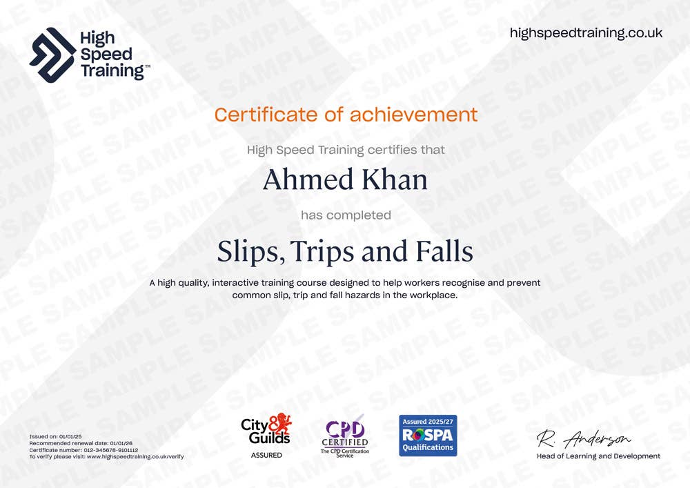Sample Slips, Trips and Falls certificate