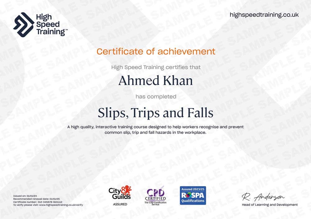 Slips, Trips and Falls - Example Certificate