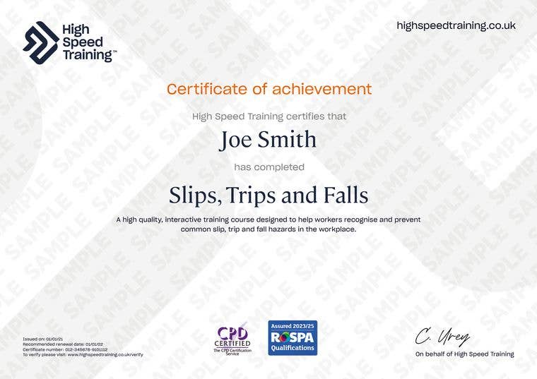 Slips, Trips and Falls - Example Certificate