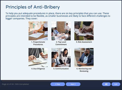 Course screenshot showing principles of anti-bribery