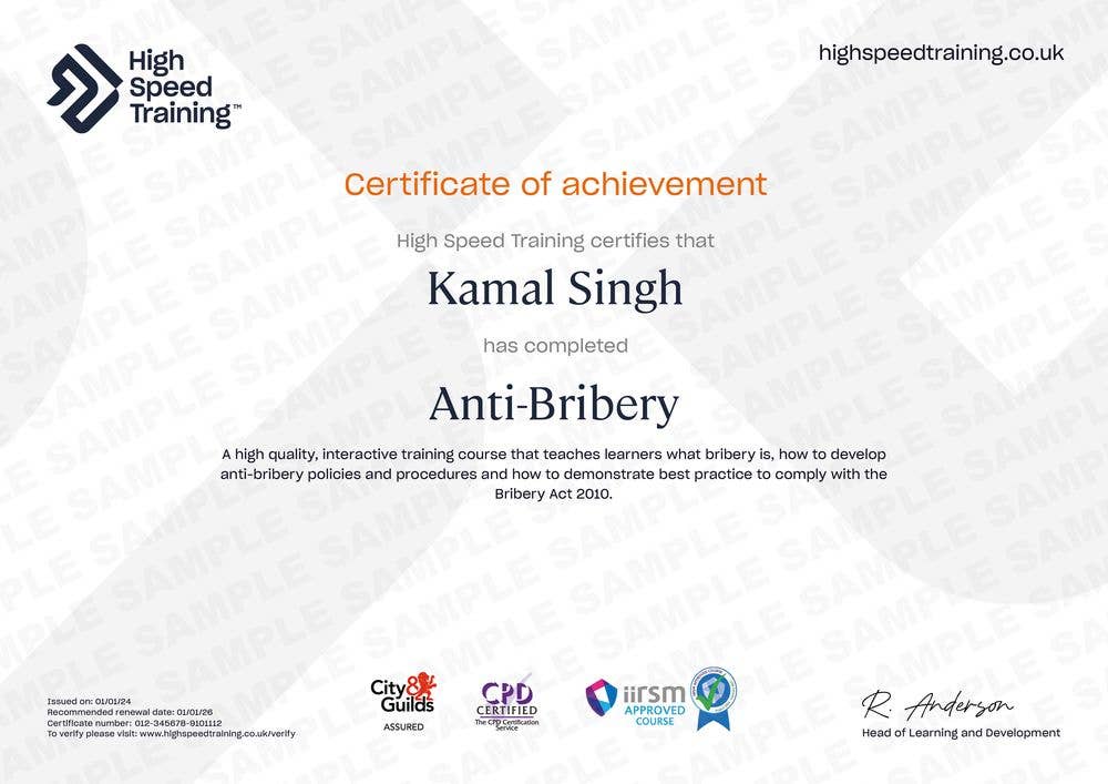 Sample Anti-Bribery Certificate