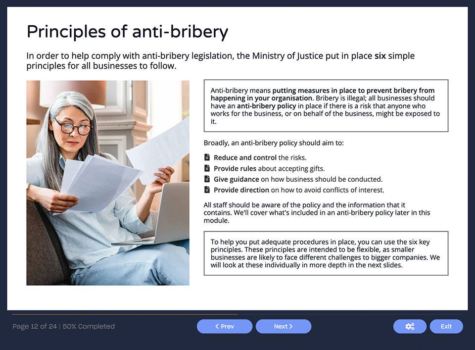 Course screenshot showing principles of anti-bribery