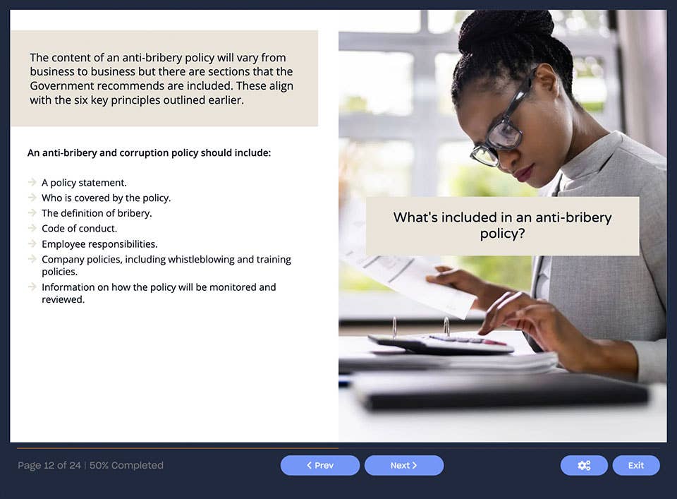 Course screenshot showing what's included in an anti-bribery policy