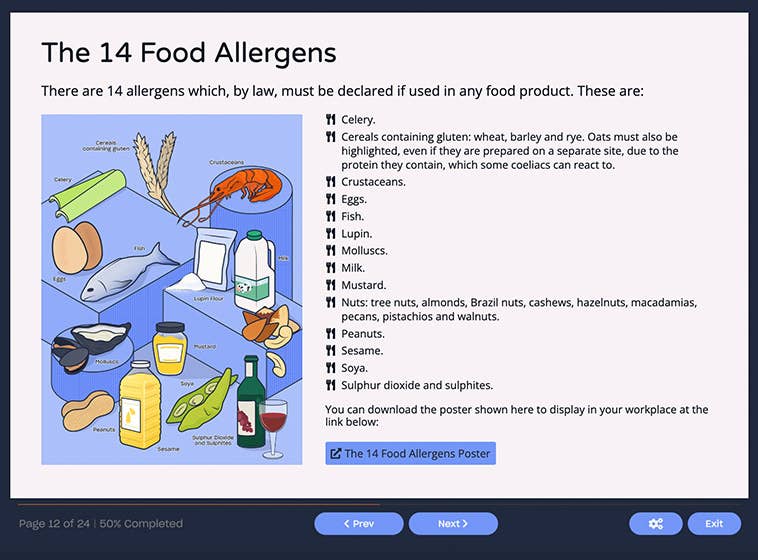 Course screenshot showing the 14 food allergens