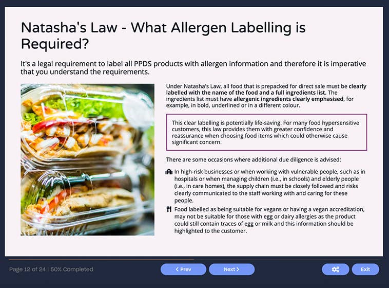Course screenshot showing Natasha's Law and what's required
