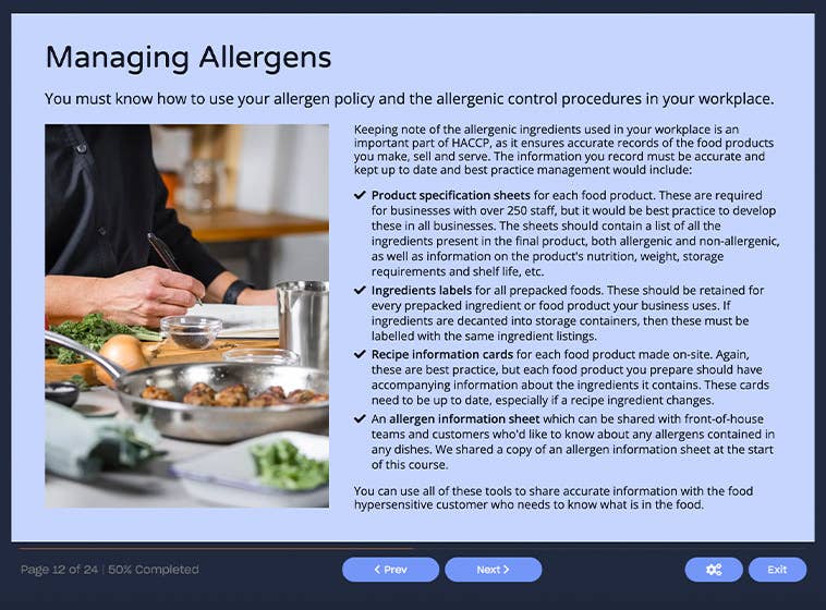Course screenshot showing how to manage allergens