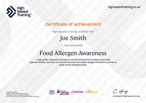Sample Food Allergen Awareness Certificate