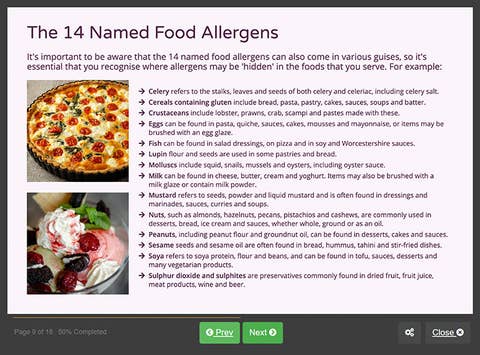 Course screenshot showing the 14 named food allergens